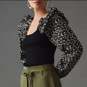 Anthropologie Woven Ruffle Blouse Black Cottage Floral Puff Sleeve Medium